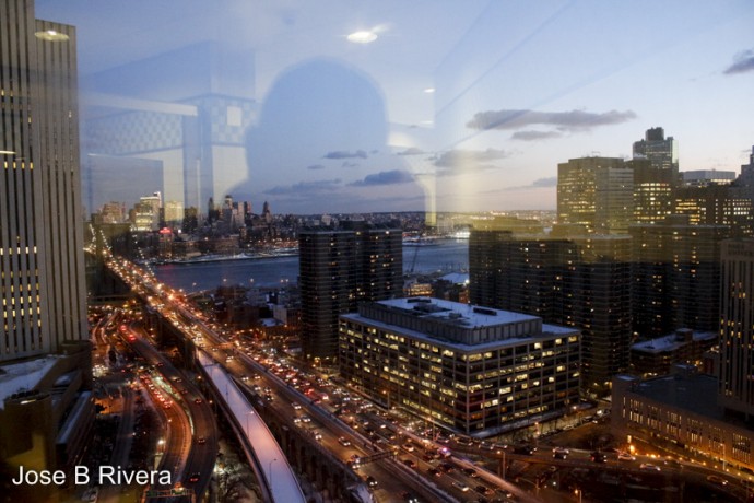 View high atop 1 Centre Street looking toward the Brooklyn Bridge