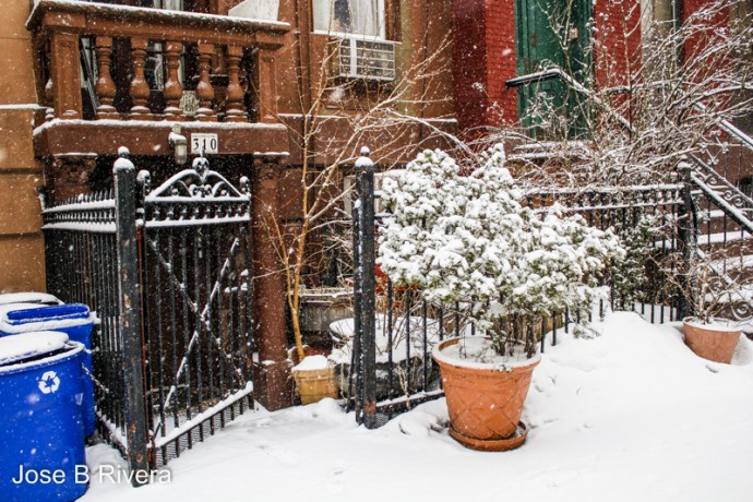 Snowy scene near East 116th Street and Pleasant Avenue.