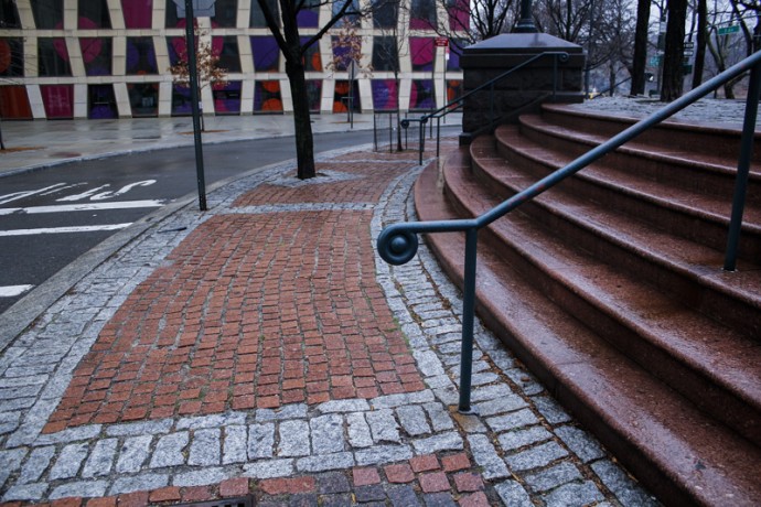 The beautiful dark and light tile at Frawley Circle at East 110th Street and Fifth Avenue.