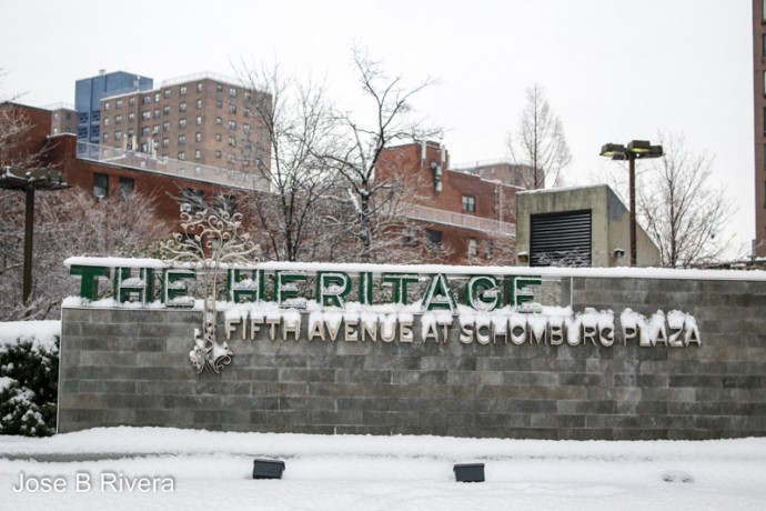 The Heritage building sign with snow.