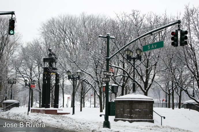 East 110th Street and Fifth Avenue on a snowy day.