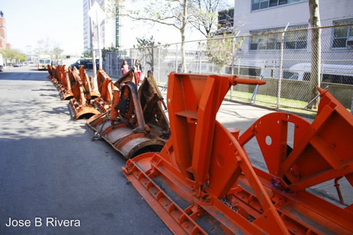NY Sanitation truck snow shovels out side of Metropolitan Hospital on East 99th Street between Second and First Avenues.