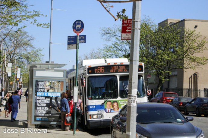 The M96 Crosstown bus at its first pick up point on the East Side. It head to the West Side of Manhattan from this location. Taken at East 97th Street between First and Second Avenues.