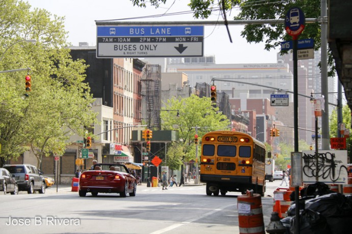 A bus lane sign on Second Avenue. One of New York Cities silliest ideas, to have part of the road just for buses. Not many buses means other traffic must be congested while this lane remains clear.