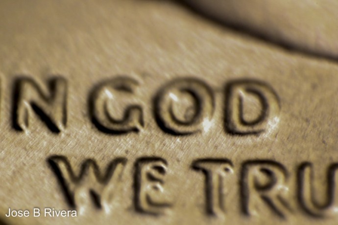 A close up of a penny made by reversing the camera lens.
