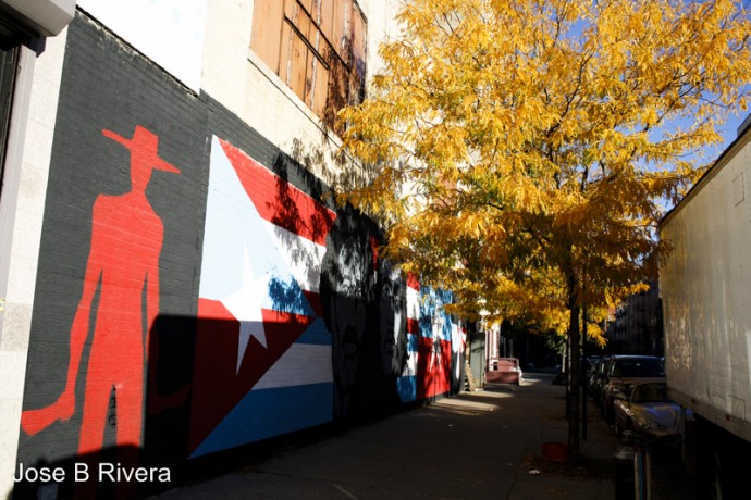 Wall Mural and Fall Leaves on East 105th Street near the corner of Third Avenue.
