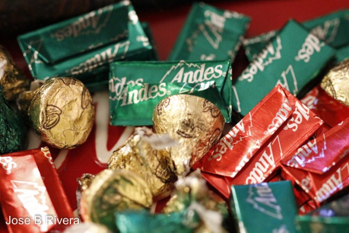 Christmas Chocolate Treats. I used my 100mm Canon lens to take this close up of some Hershey's Kisses and Andes Chocolates. which sit on a tray in our living room.