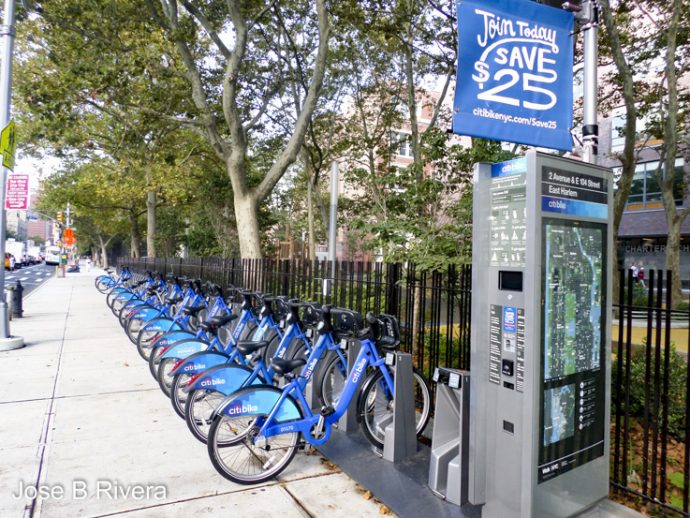 CitiBike rack of bikes, as seen on East 104th Street and Second Avneue