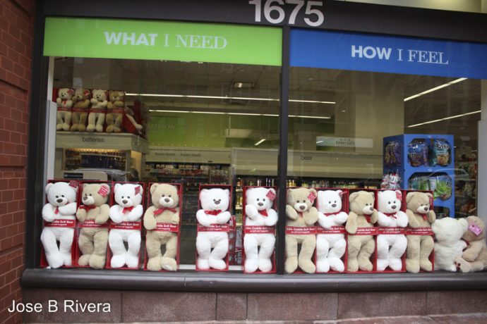 Hearty Valentine Bears at pharmacy window.