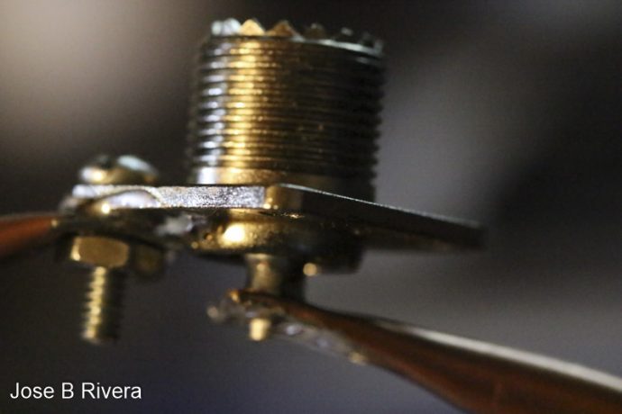 An SO-239 Connector on which is connected a piece of copper pipe for use with a magnetic loop antenna.