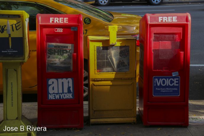 News boxes on 96th Street and Third Avenue.