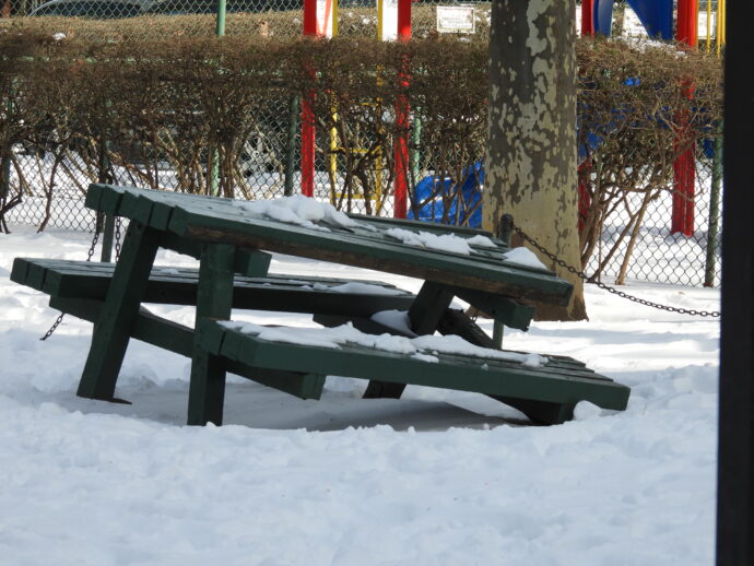 Snowy Tilted Park Picnic Table